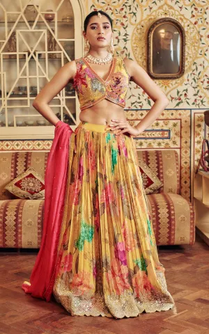 Mustard Yellow Floral Embellished Georgette Silk Lehenga Set