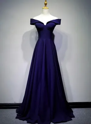 Navy Blue A-line Spandex Long Prom Dress, Off Shoulder Bridesmaid Dress