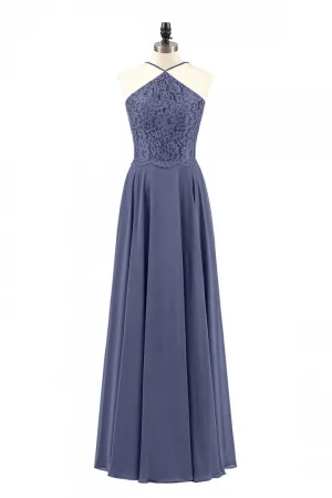 Navy Blue Chiffon Halter Backless A-Line Long Bridesmaid Dress