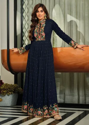 Navy Blue Flower Embroidered Georgette Anarkali Dress