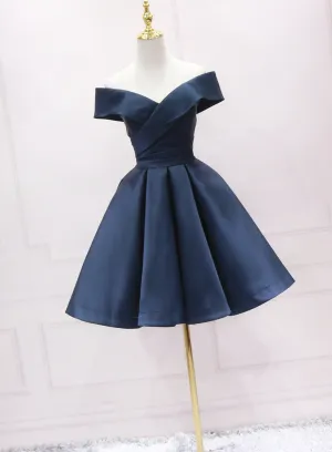 Navy Blue Satin Off Shoulder Bridesmaid Dress Party Dress Short Prom Dress