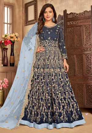 Navy Blue Velvet Floor Length Designer Anarkali Suit