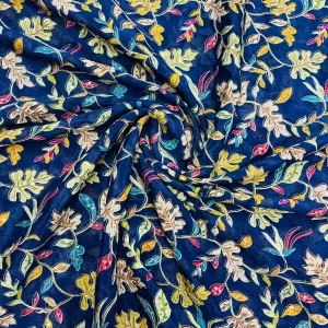 Navy Blue With Multicolour Floral Embroidery Sequins Chinon Fabric