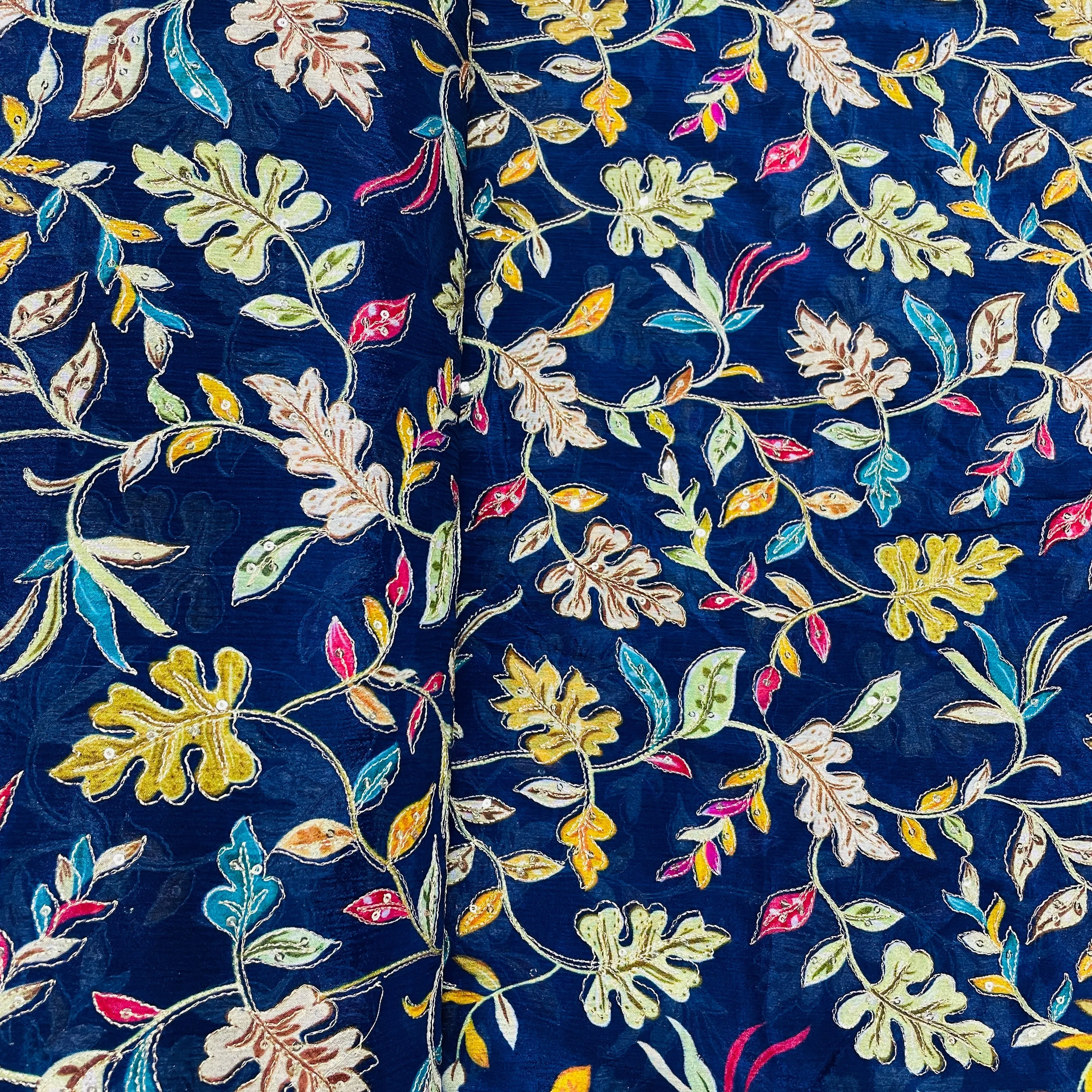 Navy Blue With Multicolour Floral Embroidery Sequins Chinon Fabric