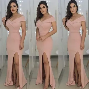 Off-Shoulder Satin Mermaid Long Prom Dresses With Front Slit