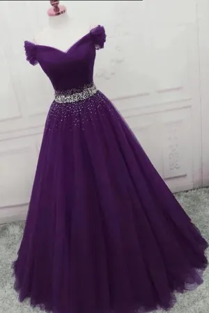 Off The Shoulder Dark Purple Long Evening Dress With Beadings Off Shoulder Purple Formal Prom Dresses