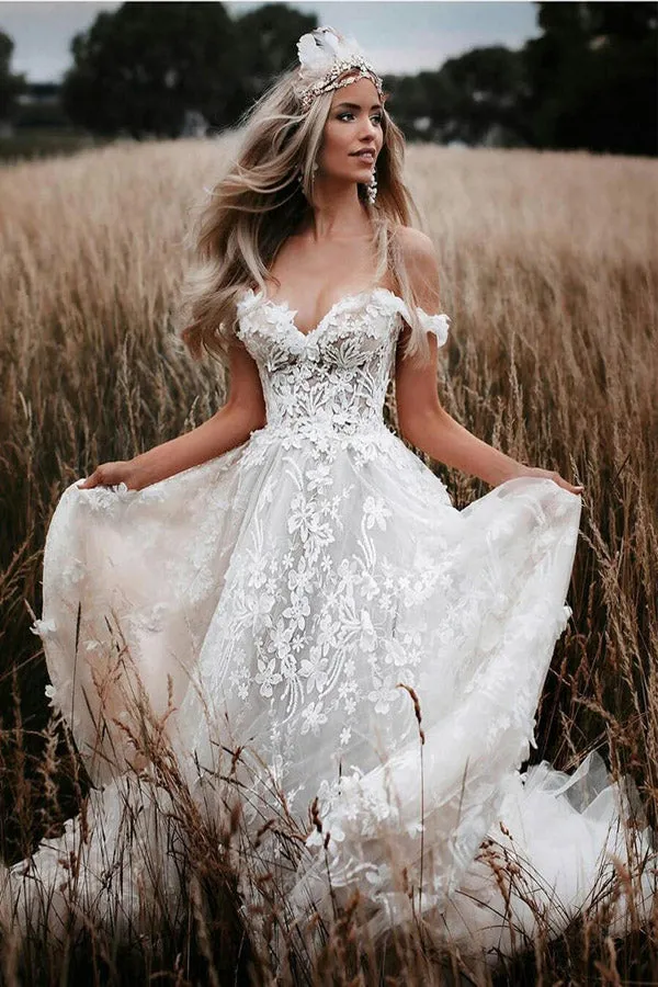 Off The Shoulder Ivory Tulle Lace Appliqued Wedding Dresses