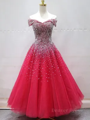 Off the Shoulder Red Long Prom Gown Off the Shoulder Red Beaded Formal Evening Dresses