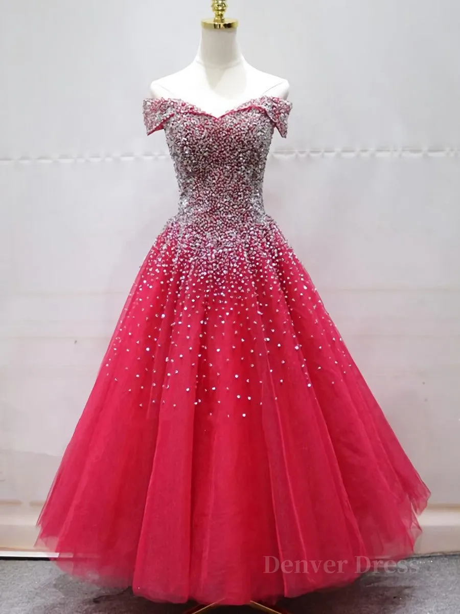 Off the Shoulder Red Long Prom Gown Off the Shoulder Red Beaded Formal Evening Dresses