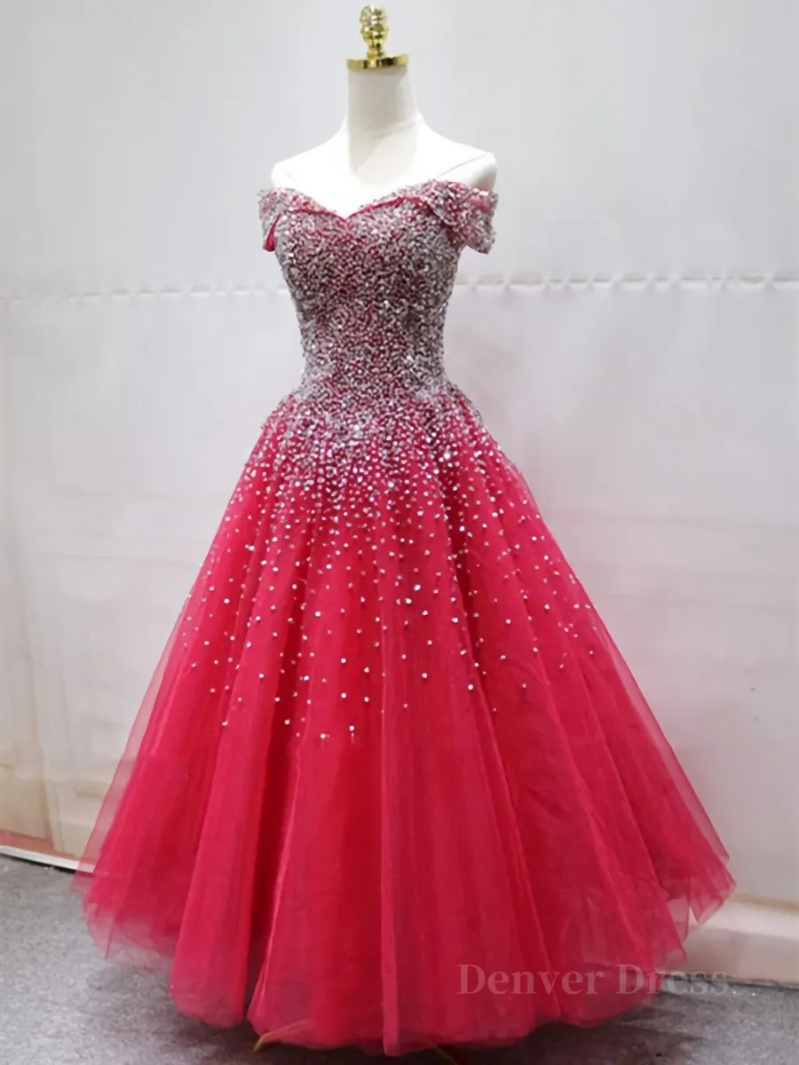 Off the Shoulder Red Long Prom Gown Off the Shoulder Red Beaded Formal Evening Dresses