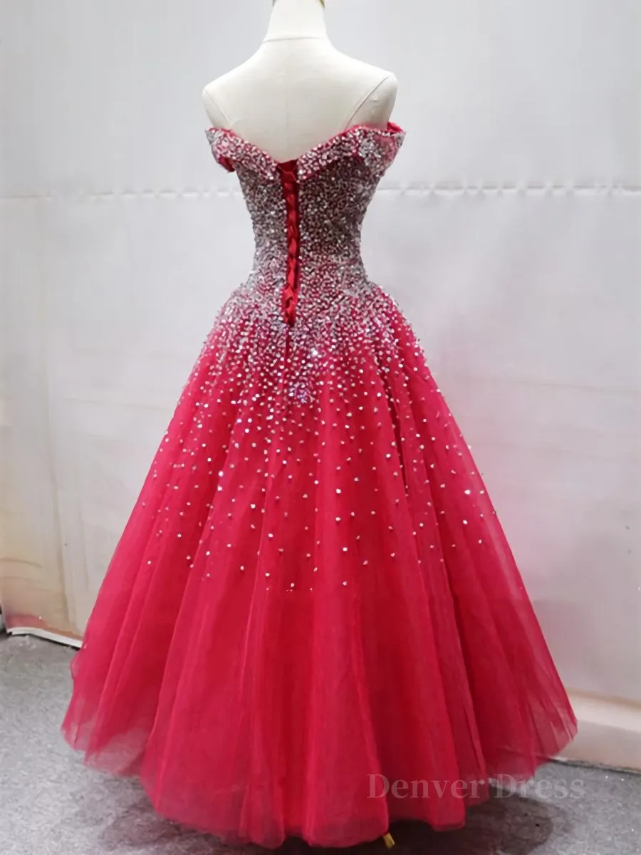 Off the Shoulder Red Long Prom Gown Off the Shoulder Red Beaded Formal Evening Dresses