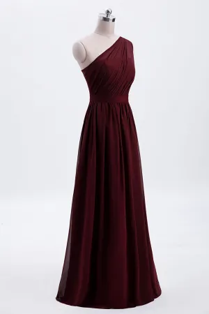 One Shoulder Burgundy A-line Chiffon Long Bridesmaid Dress