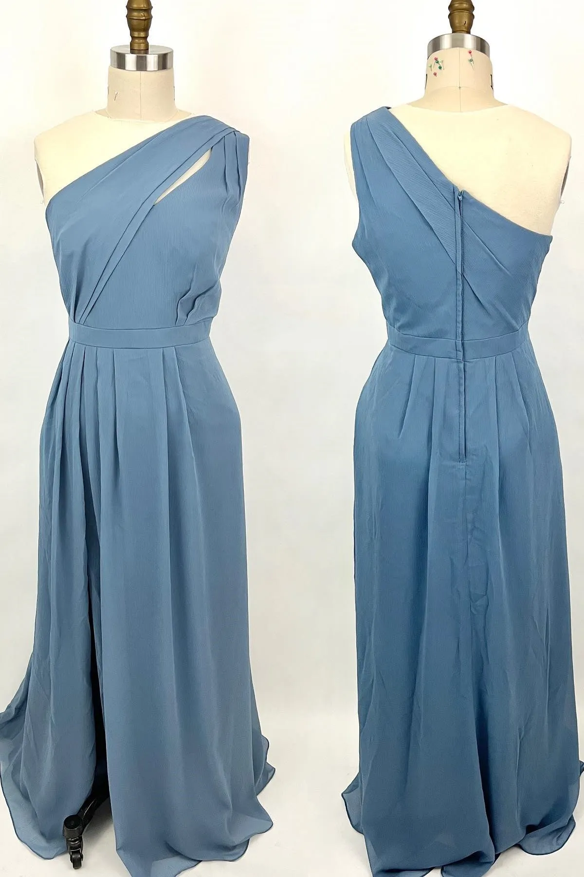 One Shoulder Misty Blue Chiffon A-line Long Bridesmaid Dress