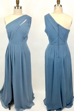 One Shoulder Misty Blue Chiffon A-line Long Bridesmaid Dress