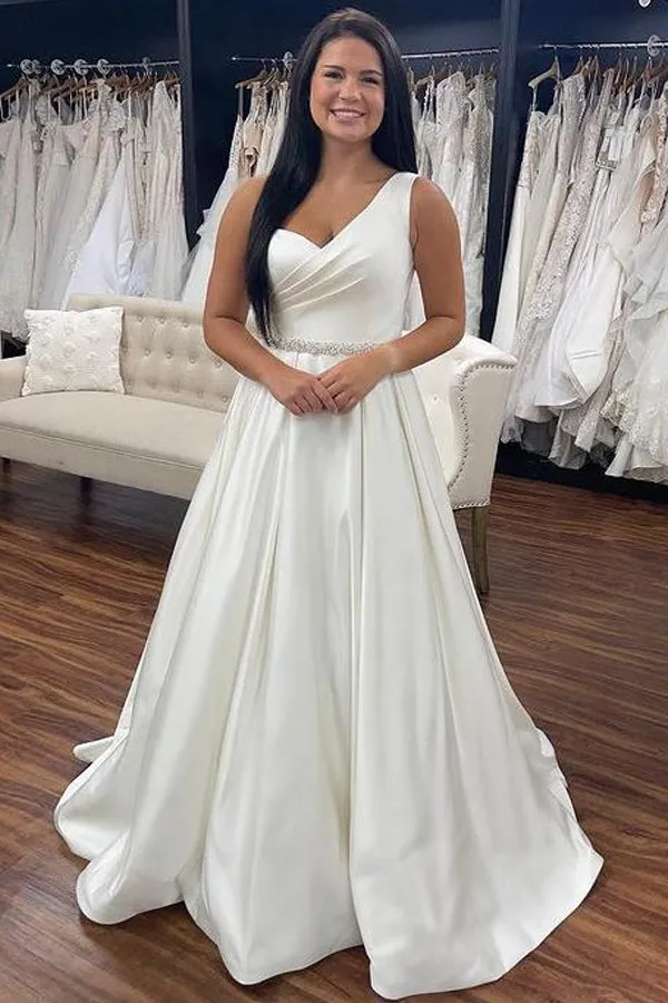 One Shoulder White Satin Wedding Dress With Beading