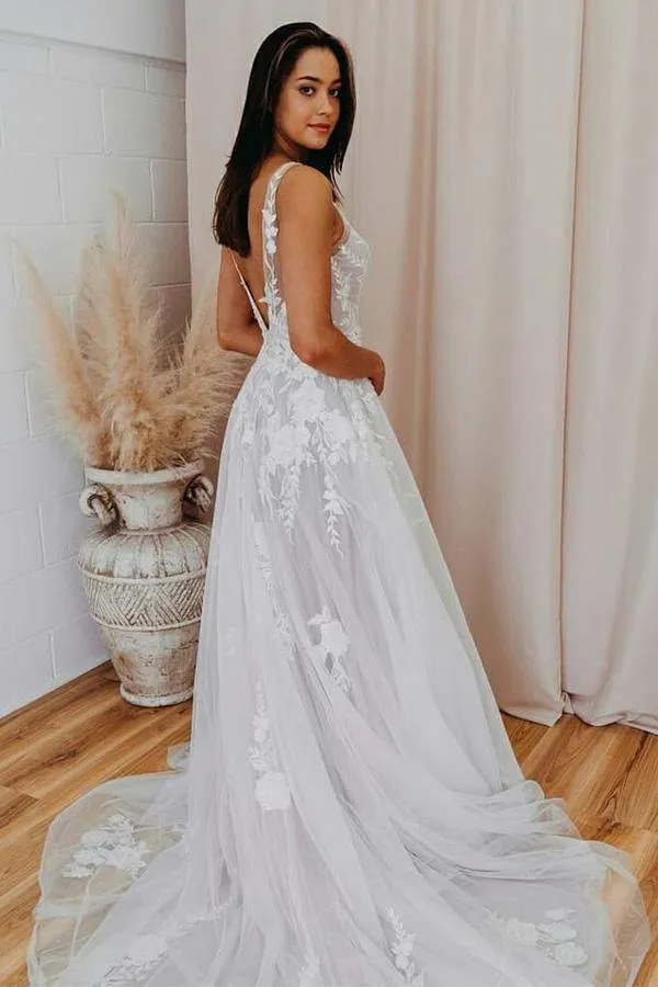 Open Back White Tulle Wedding Dress Appliques Bridal Dress