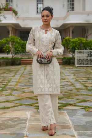 Pastel Cream Embroidered Belgium Net Palazzo Set