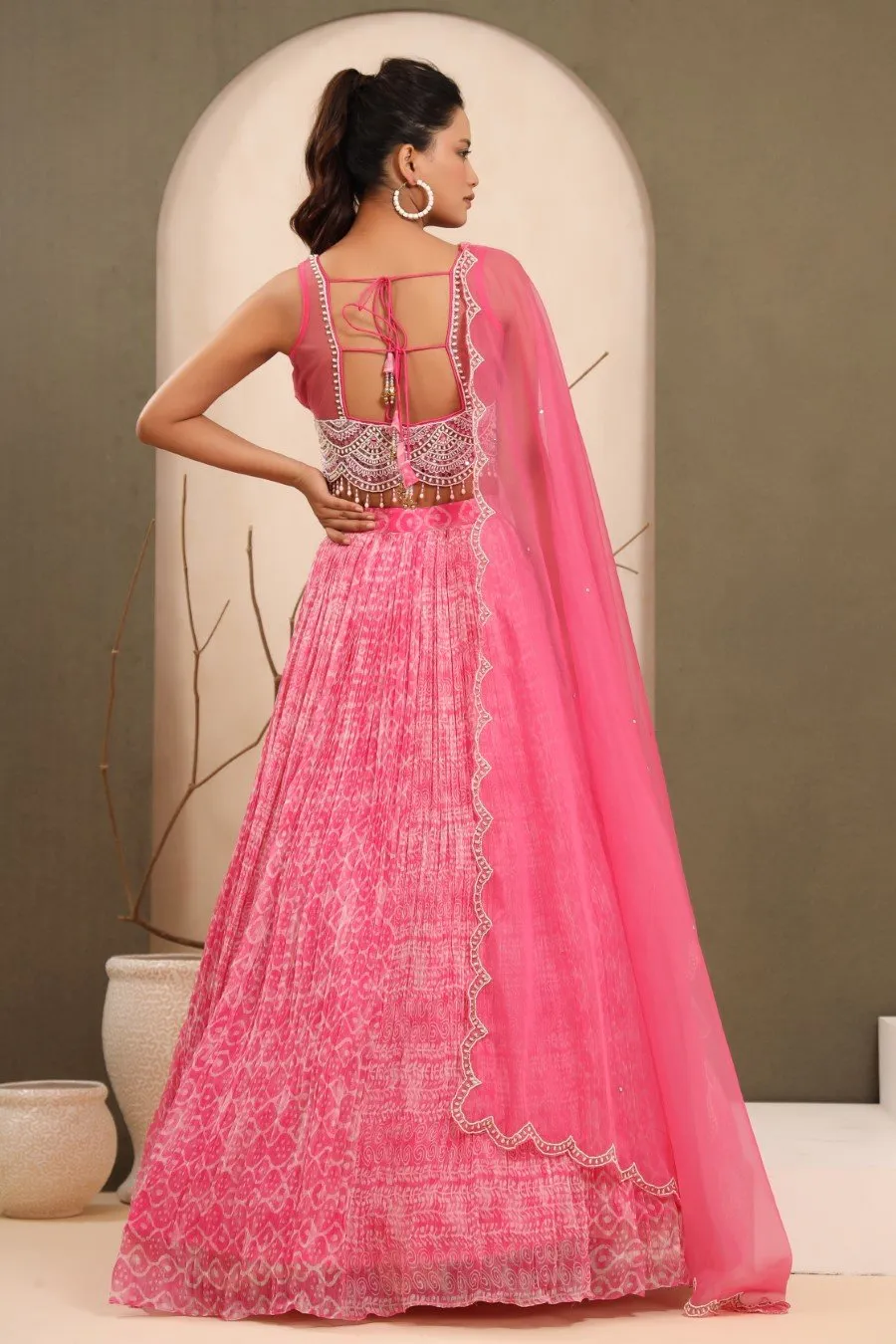 Pastel Pink Batik Printed &amp; Embroidered Lehenga Set