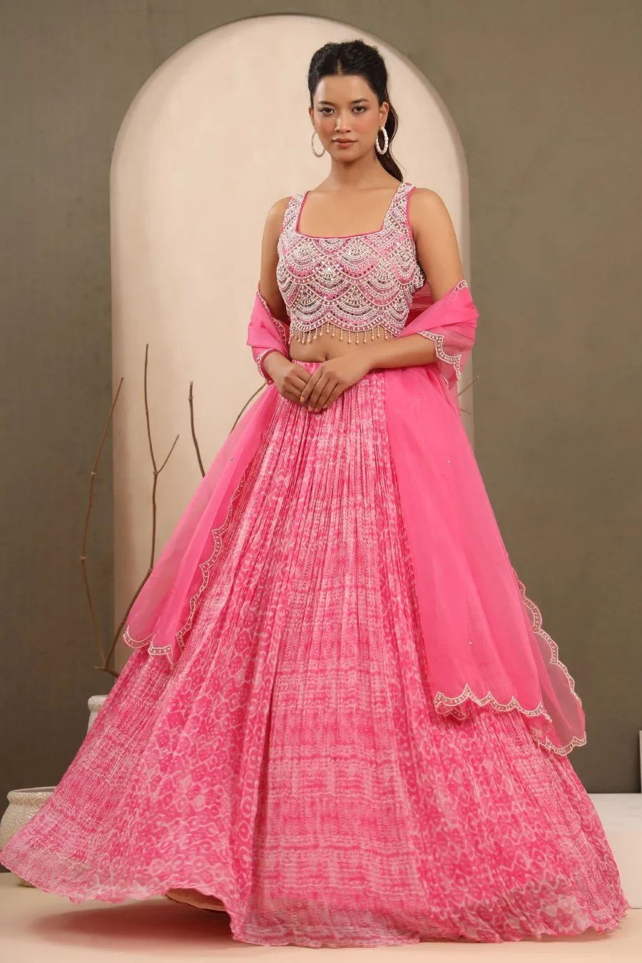 Pastel Pink Batik Printed &amp; Embroidered Lehenga Set