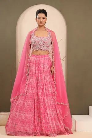 Pastel Pink Batik Printed &amp; Embroidered Lehenga Set