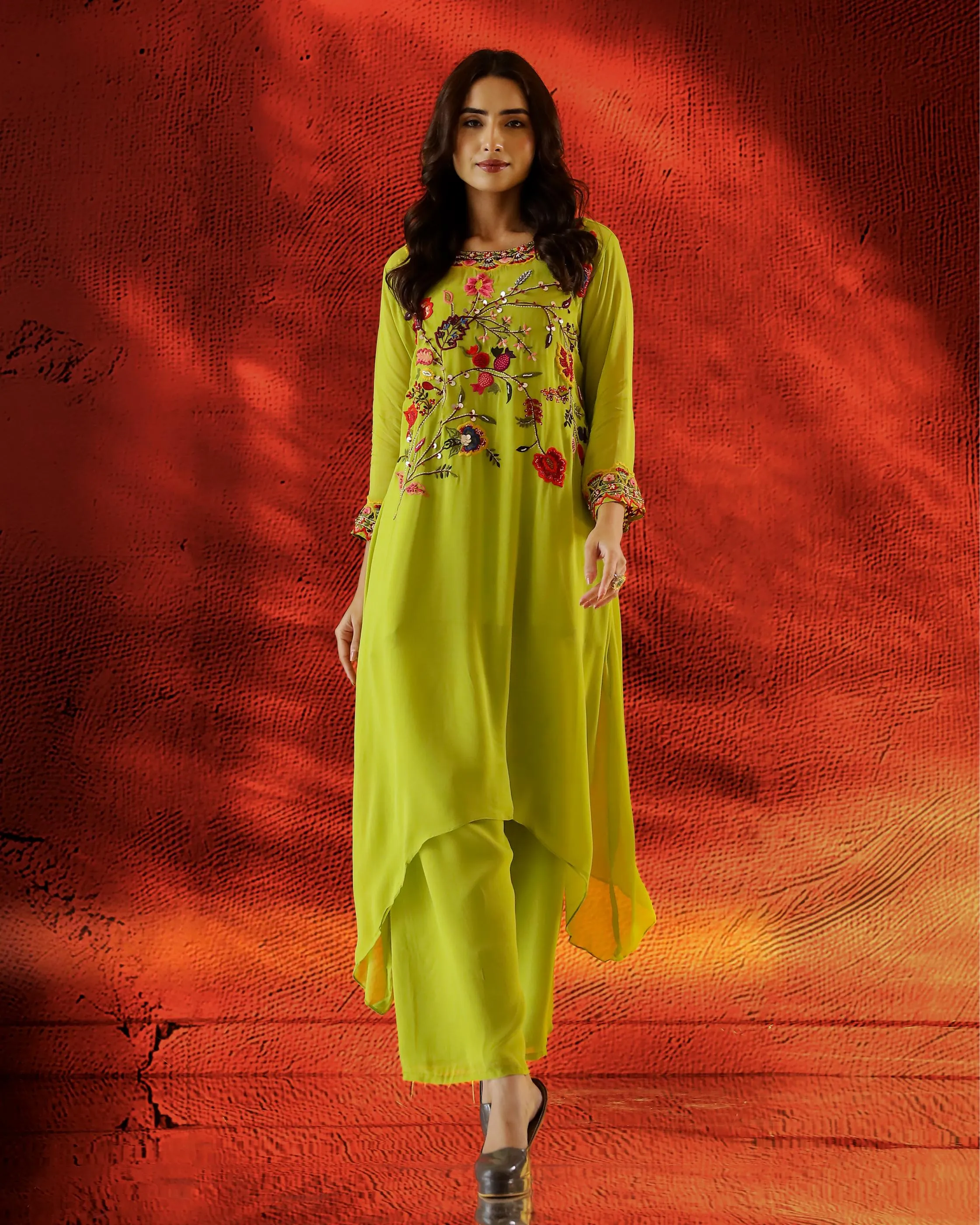 Pear Green Embroidered Georgette Kurta Set