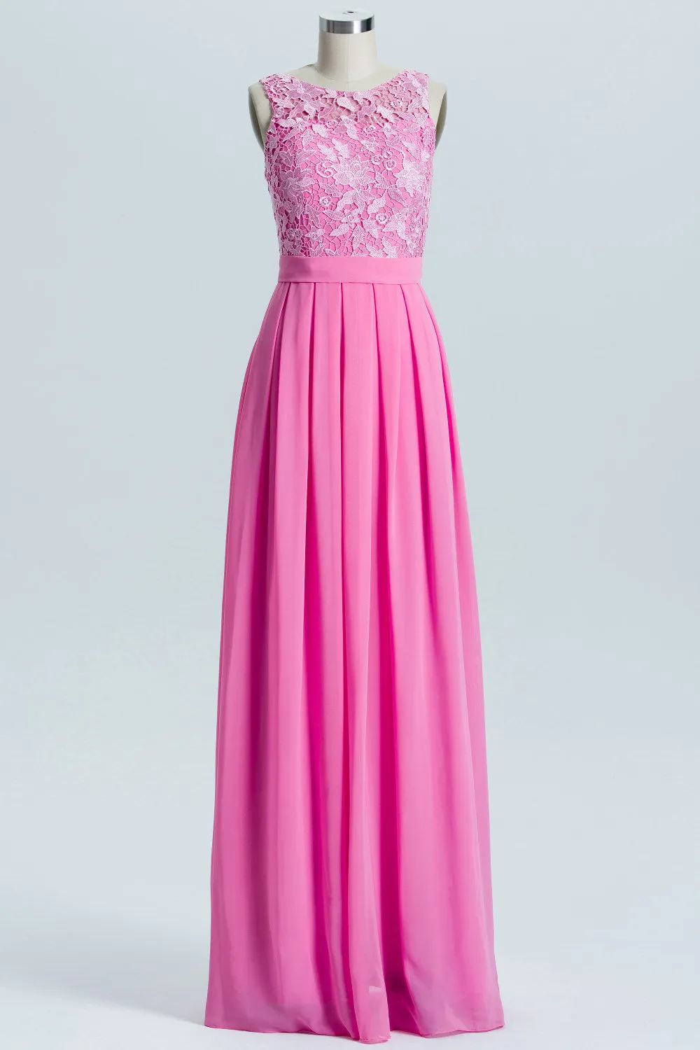 Pink A-line Lace and Chiffon Long Bridesmaid Dress