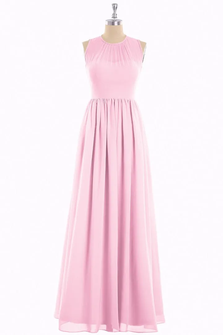 Pink Chiffon Halter Cutout Back A-Line Long Bridesmaid Dress