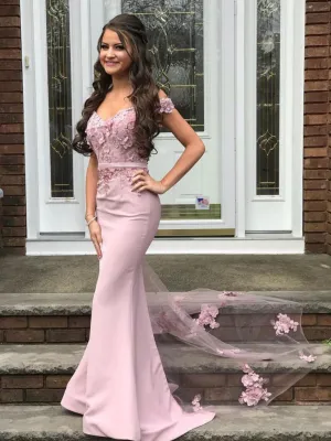 Pink satin mermaid long lace prom dress, pink bridesmaid dress