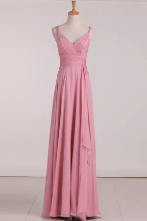 Pink V-Neck Lace-Up Long Bridesmaid Dress