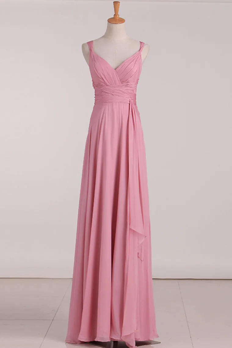 Pink V-Neck Lace-Up Long Bridesmaid Dress