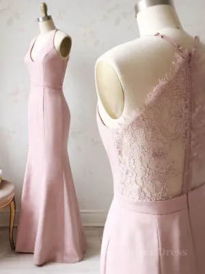 Pink v neck satin lace long prom dress lace bridesmaid dress