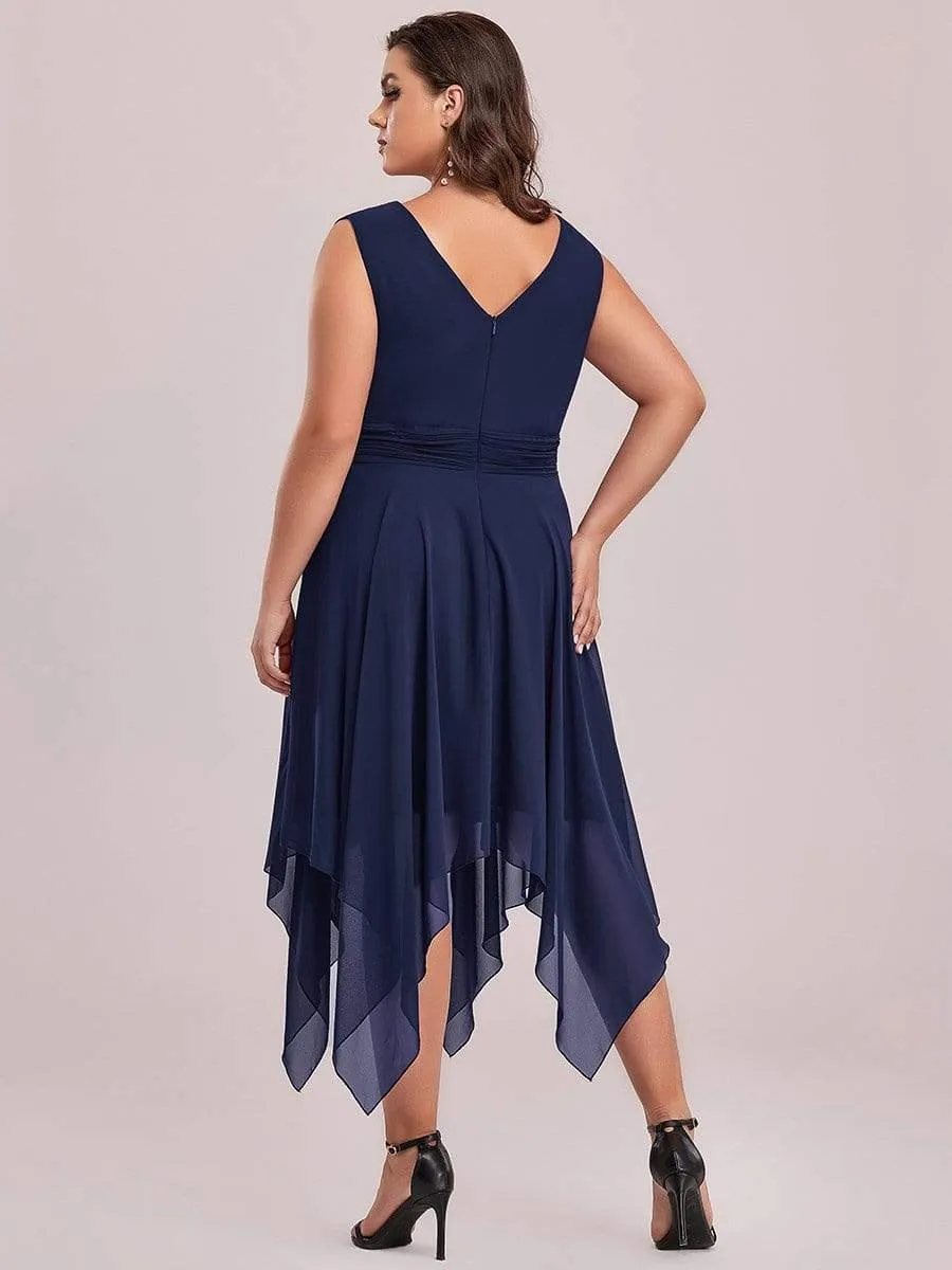 Plus Size Double V Neck Ruched-Waist Midi Chiffon Bridesmaid Dress