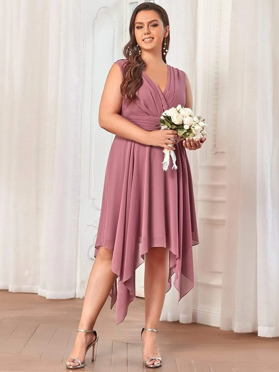 Plus Size Double V Neck Ruched-Waist Midi Chiffon Bridesmaid Dress