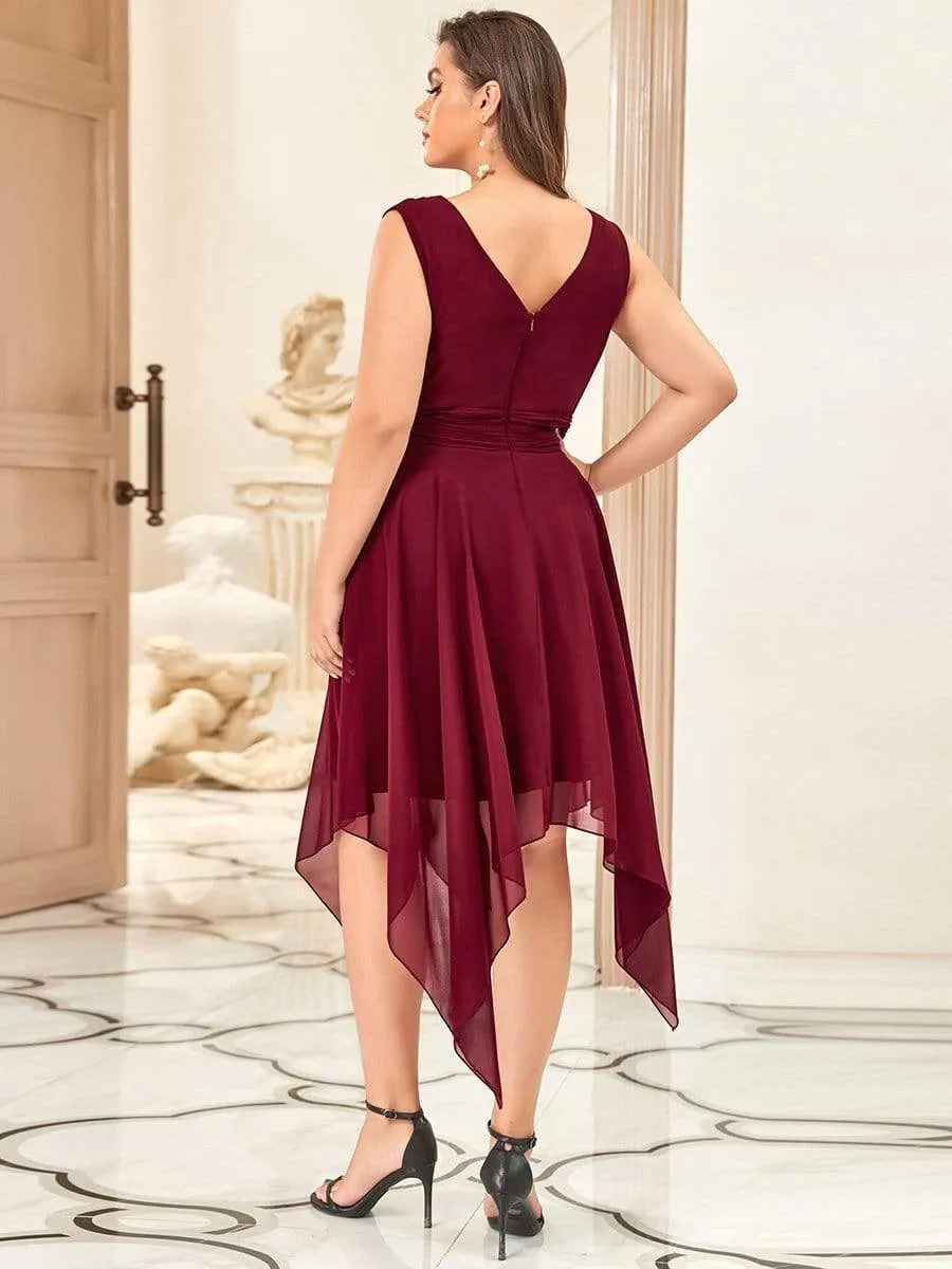 Plus Size Double V Neck Ruched-Waist Midi Chiffon Bridesmaid Dress