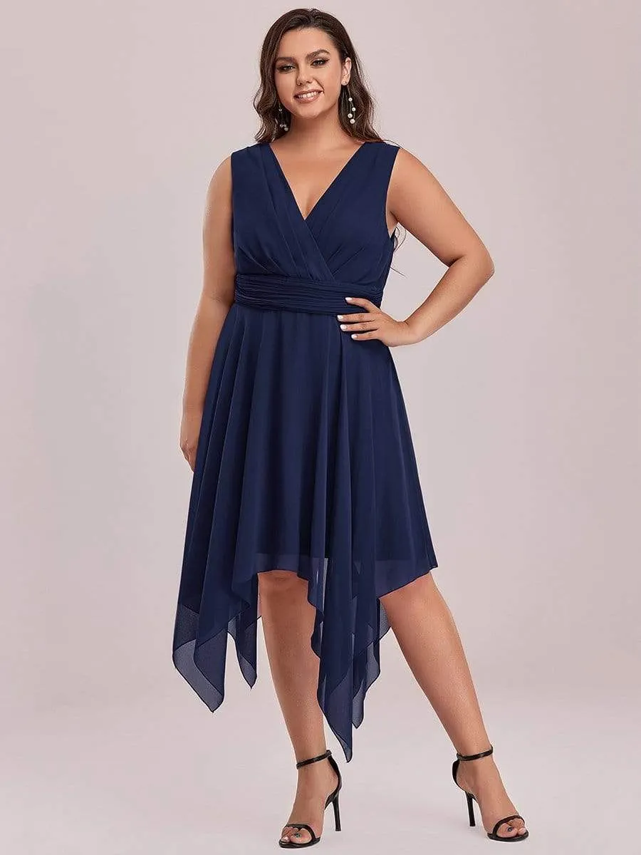 Plus Size Double V Neck Ruched-Waist Midi Chiffon Bridesmaid Dress