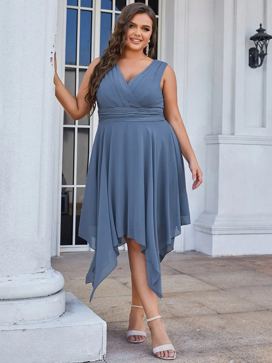 Plus Size Double V Neck Ruched-Waist Midi Chiffon Bridesmaid Dress