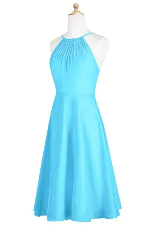 Pool Blue Chiffon Halter Short Bridesmaid Dress