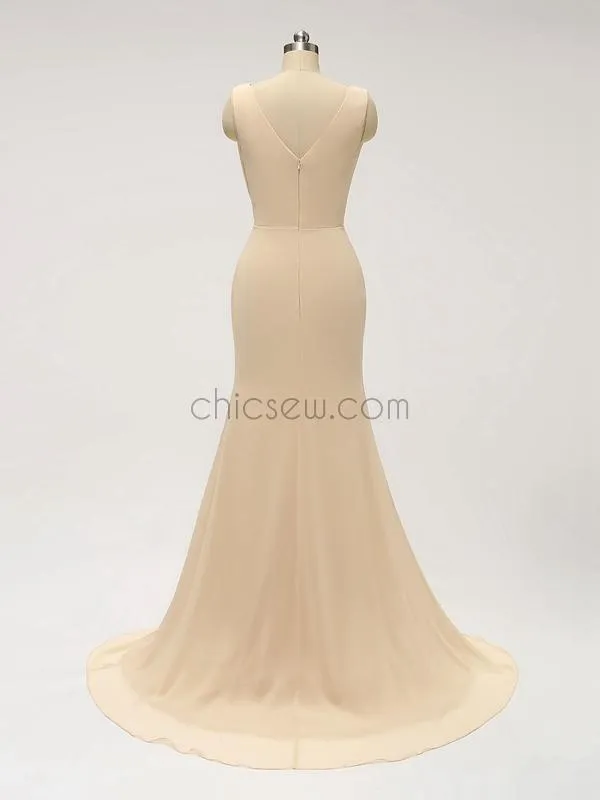 Pretty V Neck Side Slit Chiffon With Ruffles Long Bridesmaid Dresses XDM1125