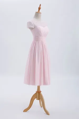 Princess Pink Chiffon and Lace Short Sleeves Bridesmaid Dress