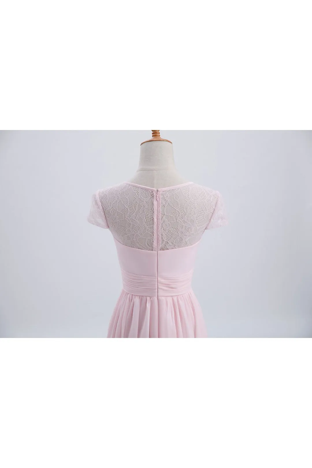 Princess Pink Chiffon and Lace Short Sleeves Bridesmaid Dress