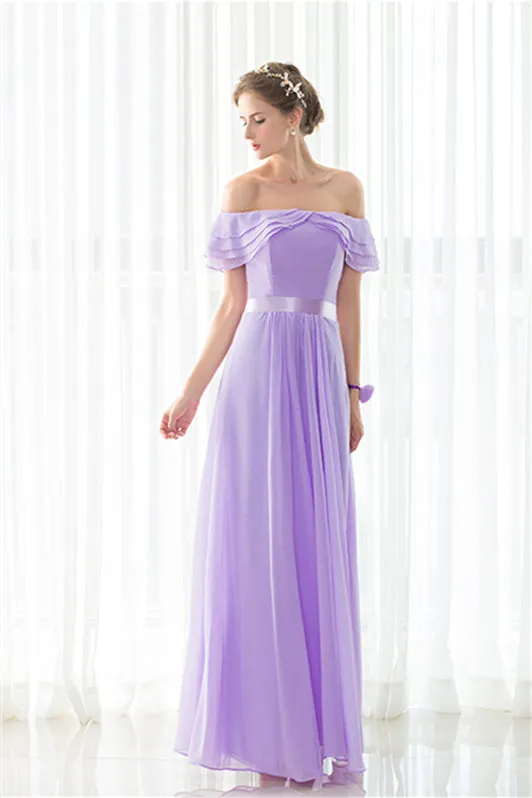 Purple Chiffon Off The Shoulder Long Bridesmaid Dresses