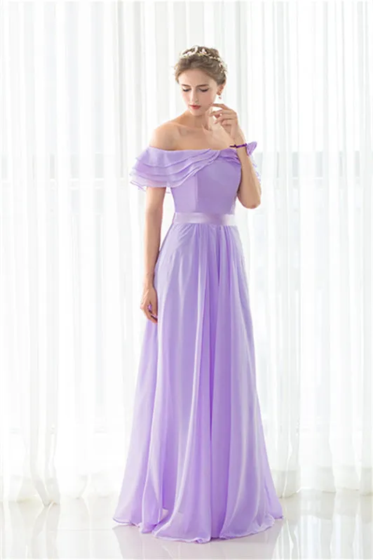 Purple Chiffon Off The Shoulder Long Bridesmaid Dresses