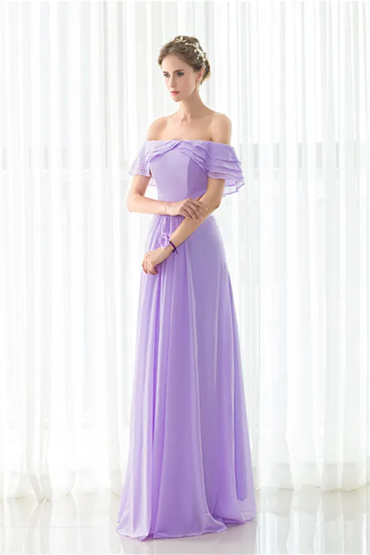 Purple Chiffon Off The Shoulder Long Bridesmaid Dresses