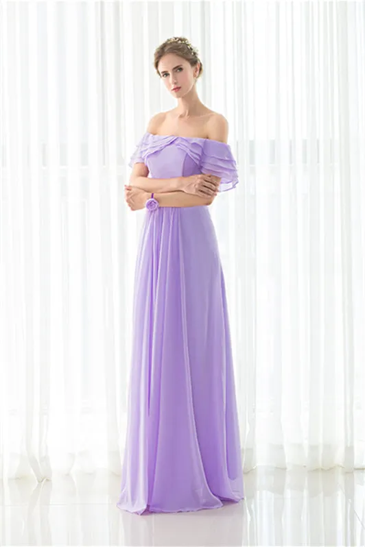 Purple Chiffon Off The Shoulder Long Bridesmaid Dresses