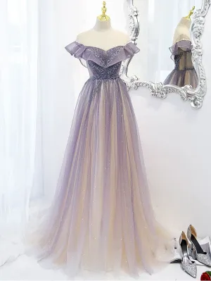 Purple tulle long prom dress, purple evening dress