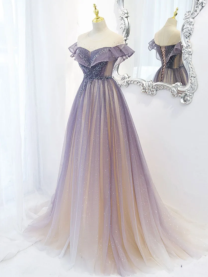 Purple tulle long prom dress, purple evening dress