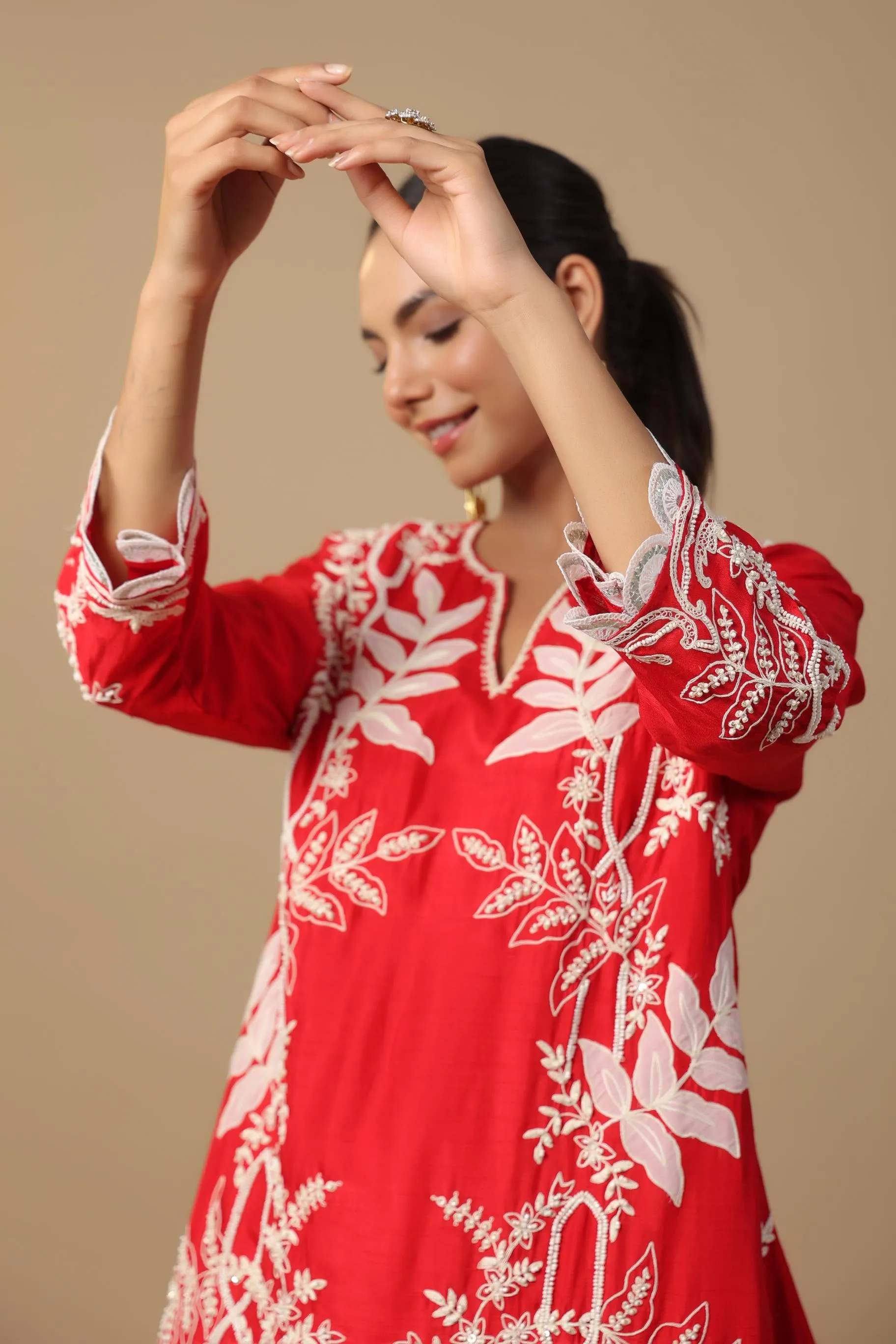 Red Embroidered Raw Silk Tunic & Afghani Pants Set