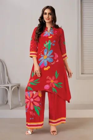 Red Floral Printed Crepe Silk Kurta & Palazzo Set