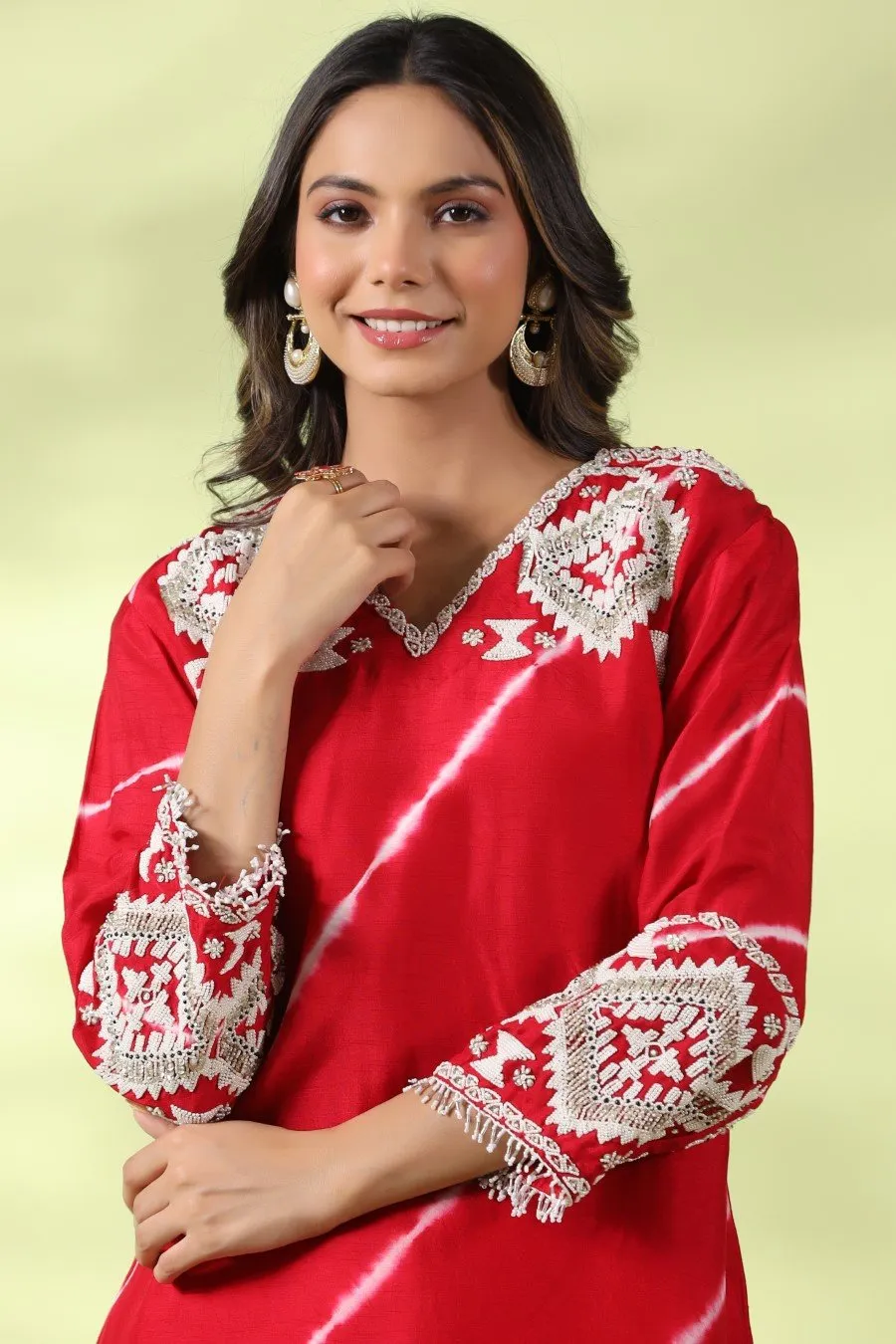 Red Tie-dyed &amp; Embroidered Asymmetrical Kurta with Palazzo