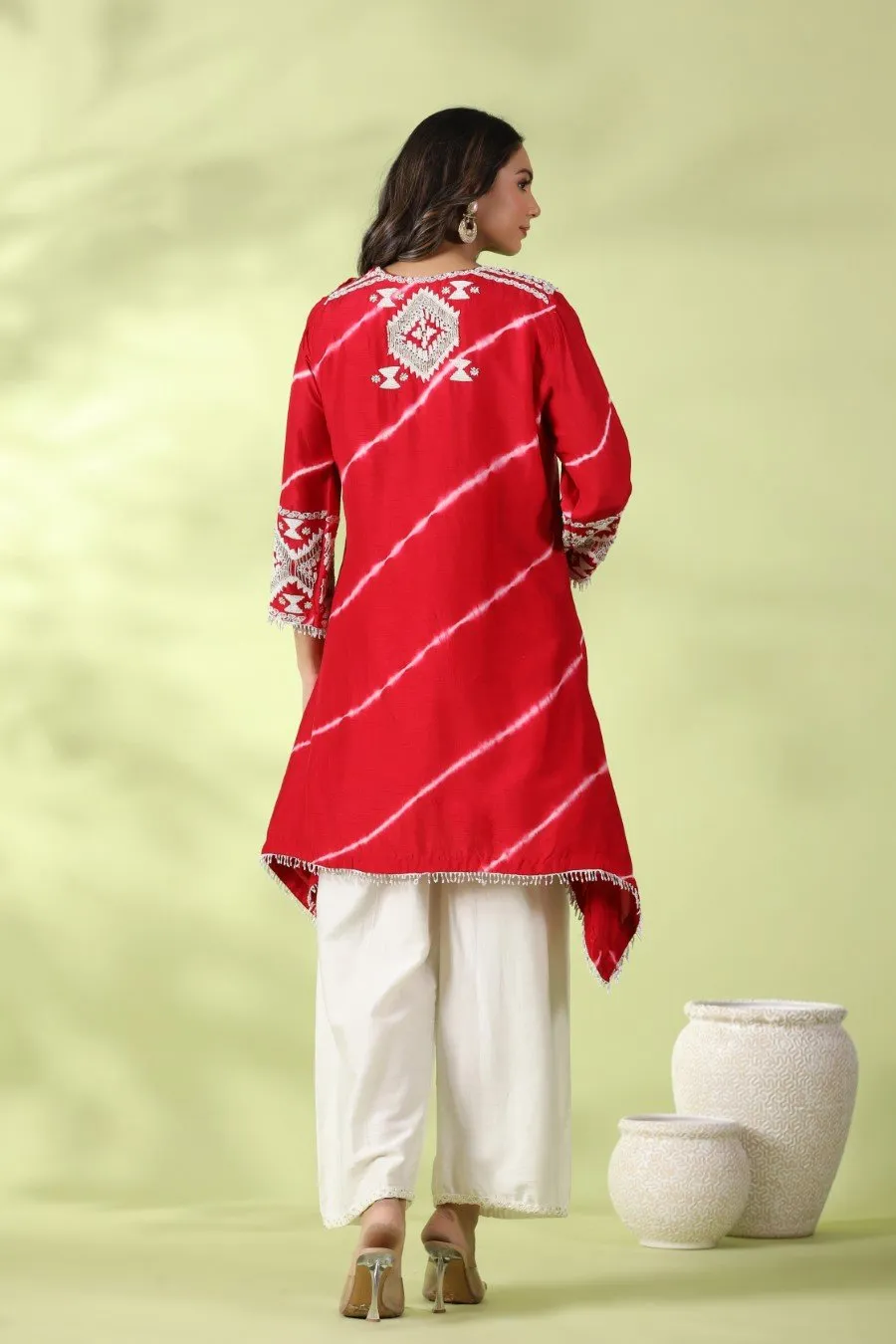 Red Tie-dyed &amp; Embroidered Asymmetrical Kurta with Palazzo